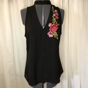 Candie’s High Neck Top Floral Embroidery Roses